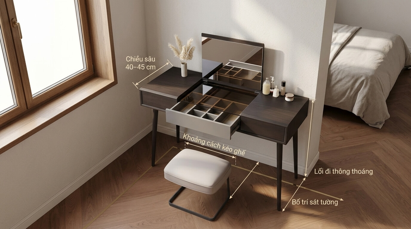 Phòng ngủ nhỏ với bàn trang điểm mini được bố trí đúng kích thước và khoảng cách tiêu chuẩn giúp tối ưu diện tích
