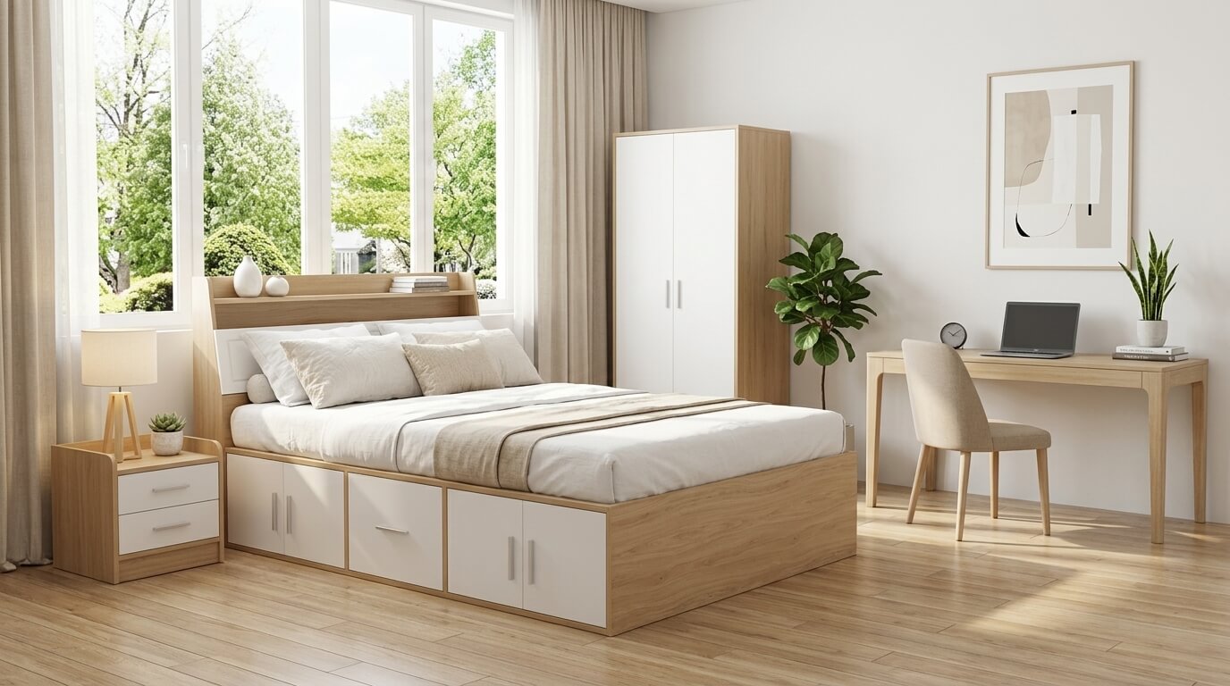 Giường ngủ đơn có ngăn kéo lưu trữ trong phòng ngủ hiện đại