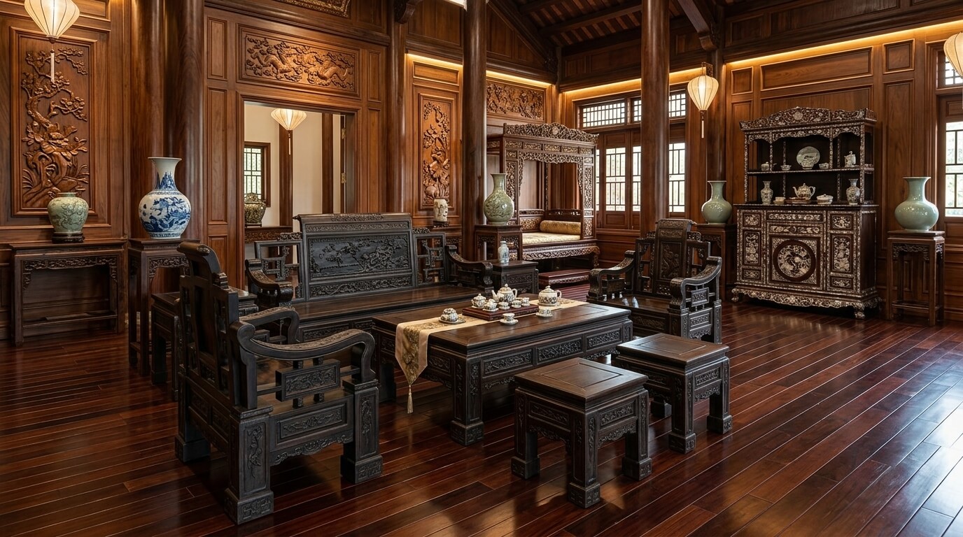 Bộ bàn ghế gỗ mun phong cách truyền thống chạm khắc Tứ Linh tinh xảo trong phòng khách sang trọng