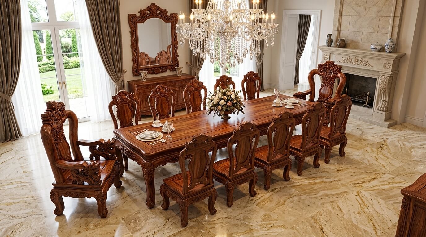 Bộ bàn ghế gỗ cẩm lai tay 12 chạm khắc thủ công tinh xảo với họa tiết rồng phượng sang trọng