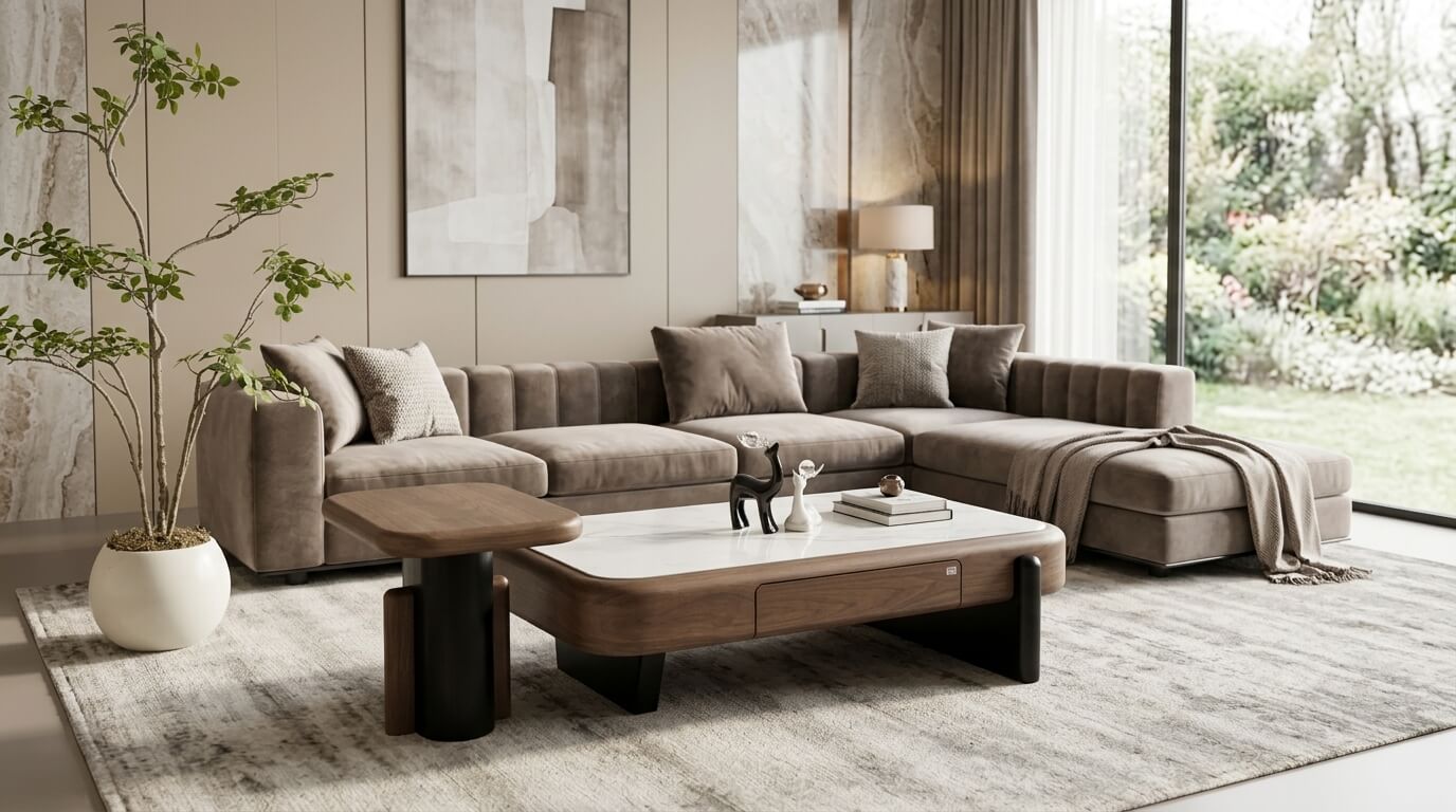 Bàn trà mặt đá chữ nhật bo góc đặt trước sofa lớn trong phòng khách