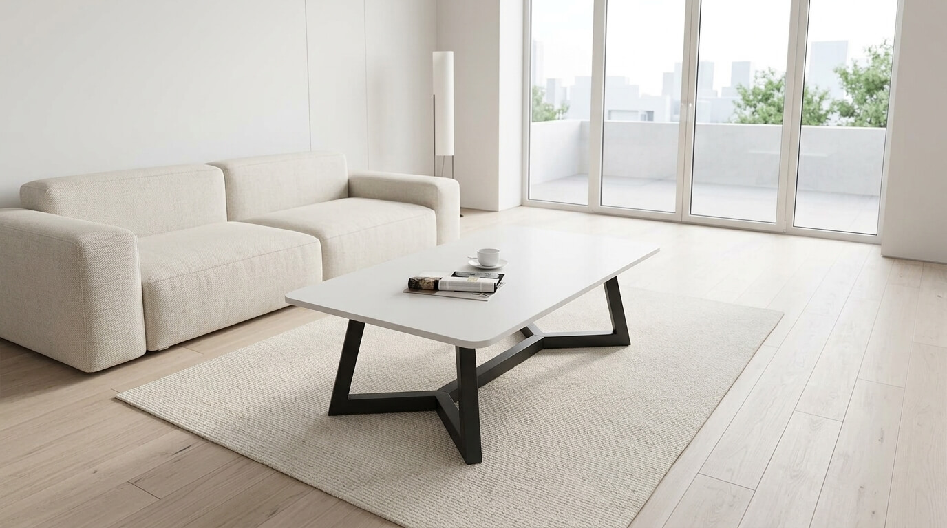 Bàn trà chân sắt phong cách Minimalism nổi bật với thiết kế tinh gọn, màu sắc trung tính và khả năng tạo cảm giác rộng rãi cho không gian sống
