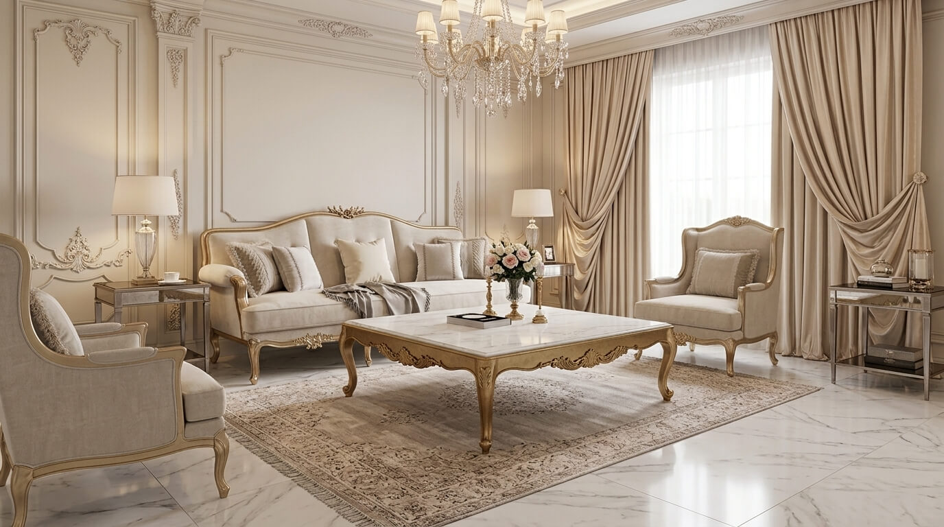 Bàn trà chân sắt phong cách tân cổ điển kết hợp khung kim loại và mặt đá marble, tạo điểm nhấn sang trọng cho không gian phòng khách