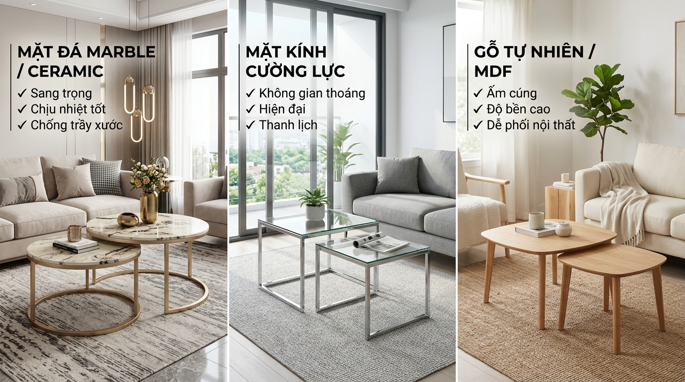 Ba mẫu bàn trà đôi phổ biến với chất liệu mặt đá Marble/Ceramic, kính cường lực và gỗ, phù hợp nhiều phong cách nội thất hiện đại