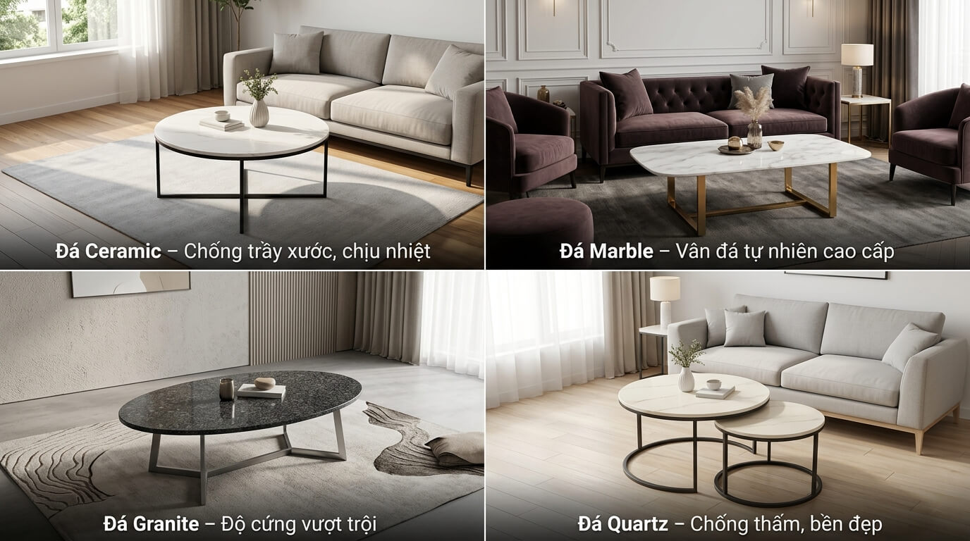 So sánh 4 chất liệu mặt đá phổ biến cho bàn trà: Ceramic chống trầy xước, Marble sang trọng, Granite siêu bền và Quartz chống thấm hiệu quả