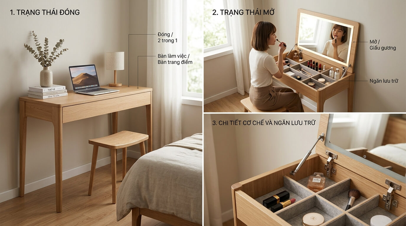 Bàn trang điểm giấu gương giúp linh hoạt chuyển đổi giữa bàn làm việc và bàn trang điểm, đồng thời bảo vệ gương và tối ưu không gian lưu trữ trong phòng ngủ hiện đại