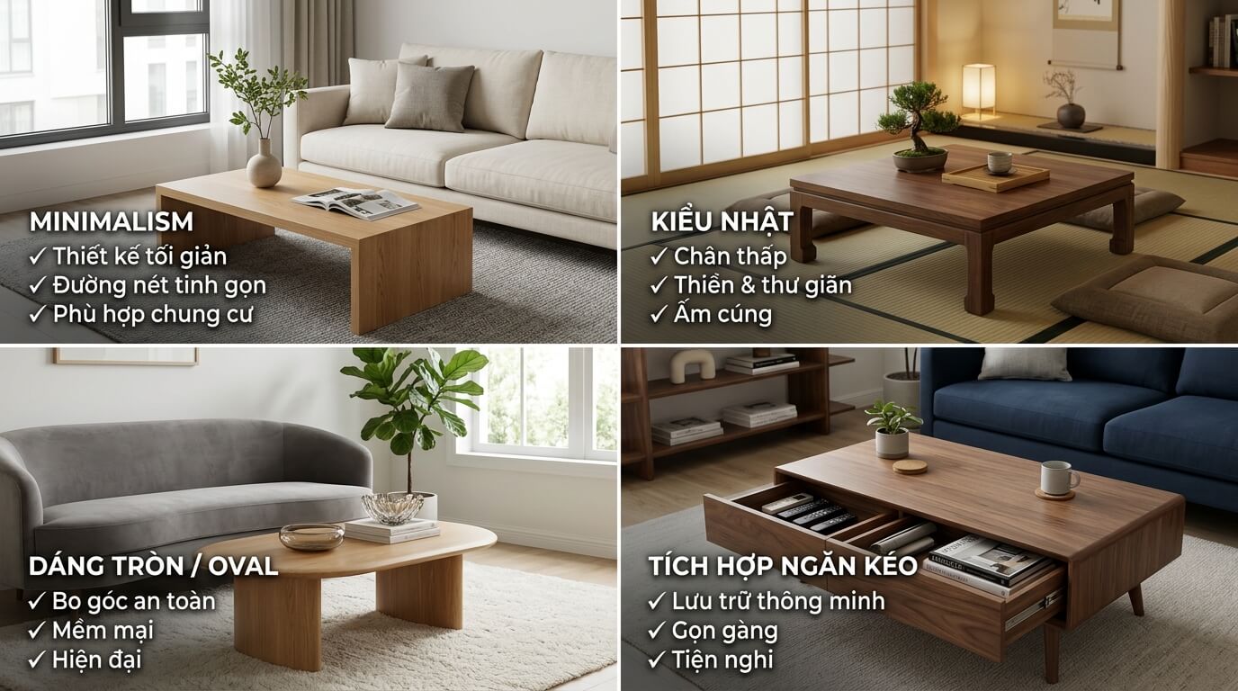 Tổng hợp các mẫu bàn trà gỗ đẹp theo xu hướng nội thất 2026, phù hợp nhiều phong cách và nhu cầu sử dụng