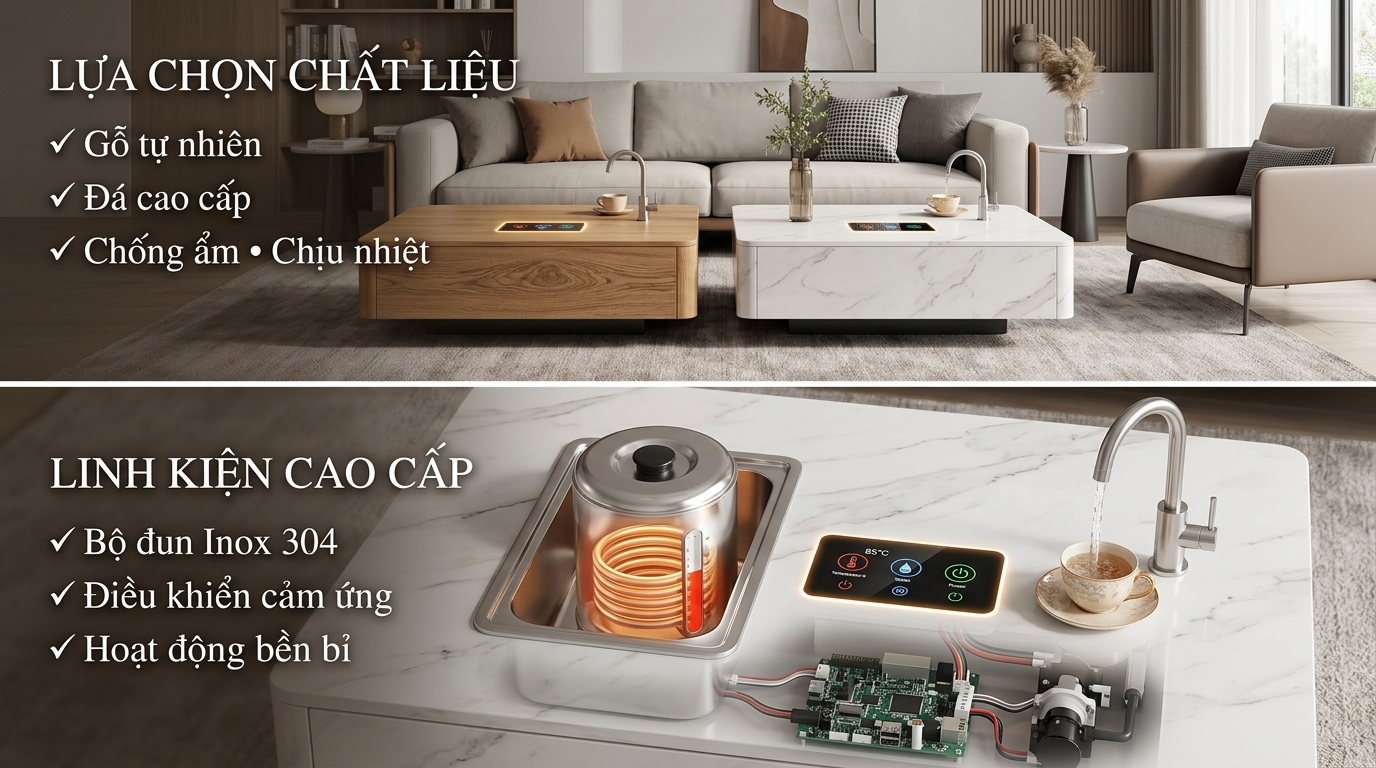 Minh họa các tiêu chí quan trọng khi chọn bàn trà điện gồm chất liệu mặt bàn và chất lượng hệ thống đun nước, linh kiện điện tử