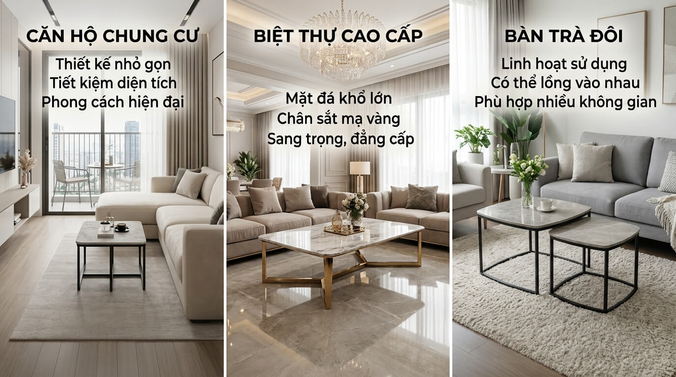 Các mẫu bàn trà chân sắt mặt đá ứng dụng trong căn hộ chung cư, biệt thự và phòng khách hiện đại