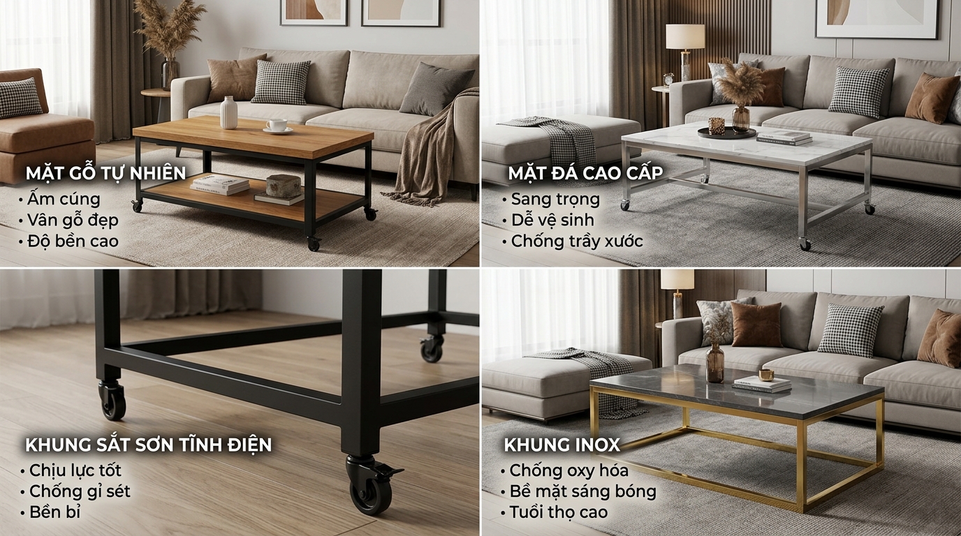 Các chất liệu mặt bàn và khung chân phổ biến trên bàn trà di động, giúp người dùng lựa chọn sản phẩm phù hợp về độ bền, thẩm mỹ và nhu cầu sử dụng