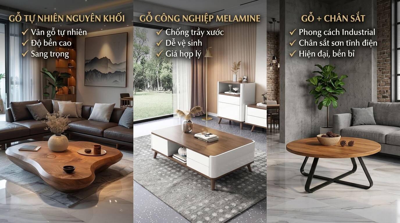 Ba mẫu bàn trà gỗ phổ biến gồm gỗ tự nhiên nguyên khối, gỗ công nghiệp Melamine và gỗ kết hợp chân sắt hiện đại