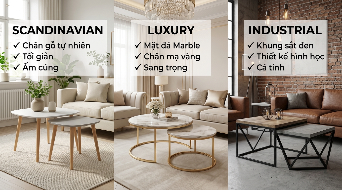 So sánh ba phong cách thiết kế bàn trà đôi phổ biến gồm Scandinavian tối giản, Luxury sang trọng và Industrial cá tính
