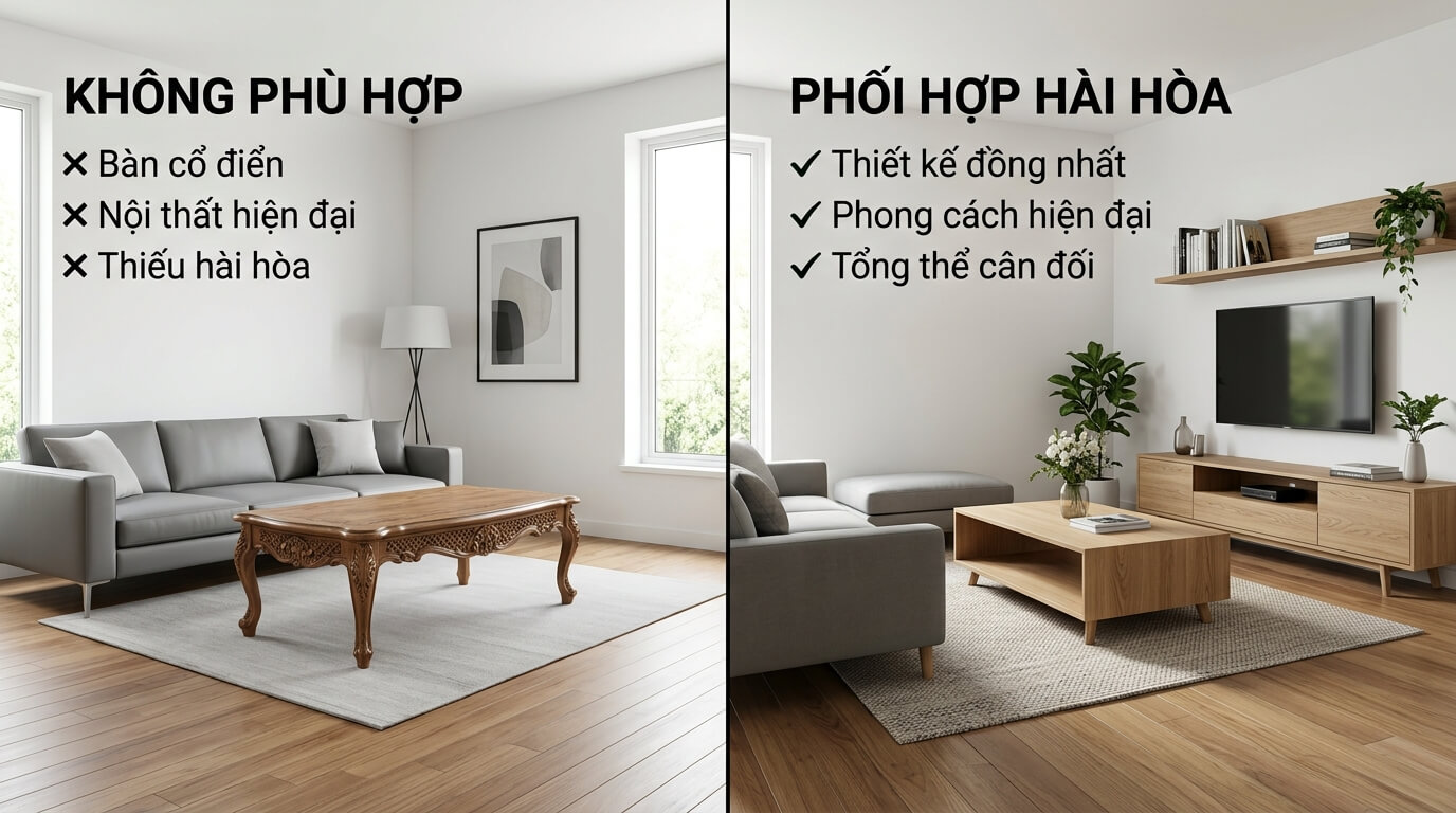 Minh họa việc lựa chọn kiểu dáng bàn trà gỗ phù hợp với phong cách nội thất để tạo sự hài hòa cho phòng khách