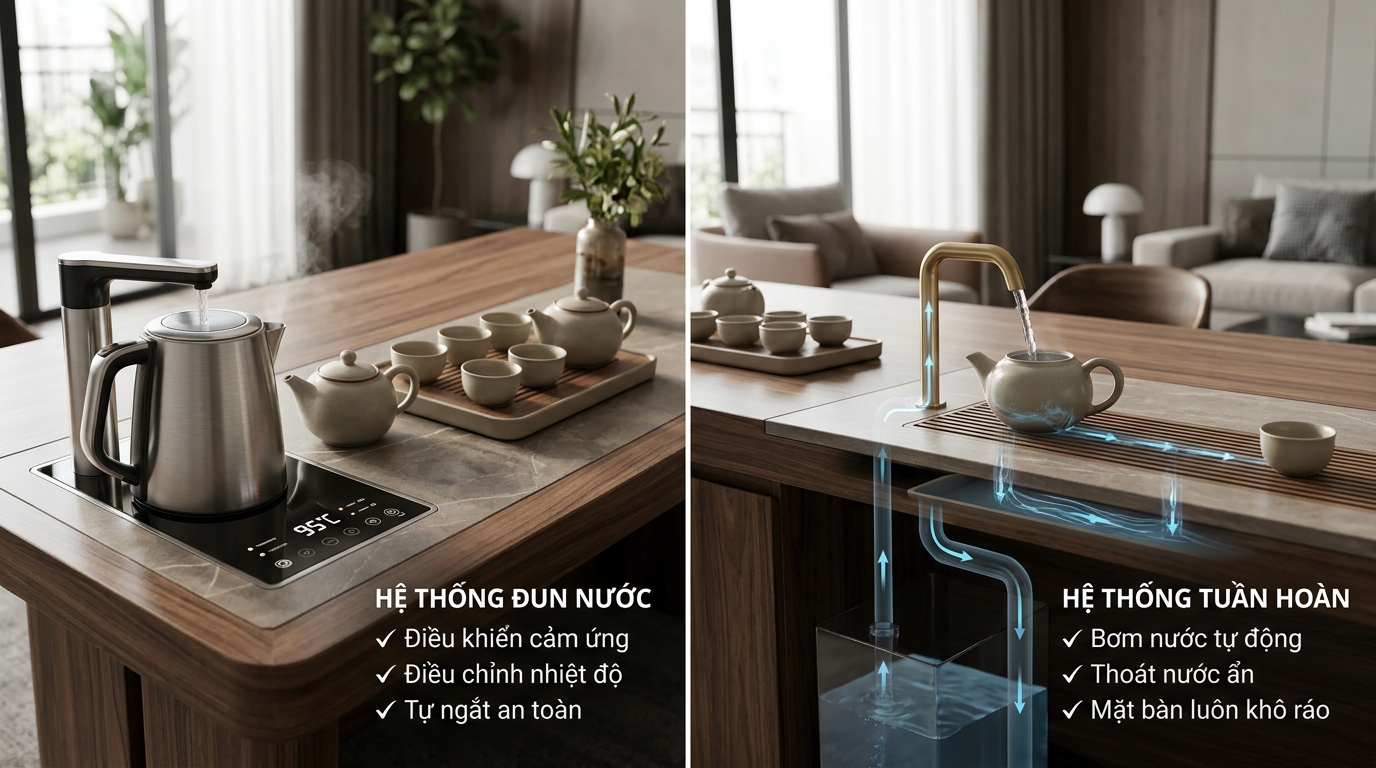 Minh họa cấu tạo bàn trà điện thông minh gồm hệ thống đun nước cảm ứng, bơm nước tự động và hệ thống thoát nước tuần hoàn, mang lại trải nghiệm pha trà tiện nghi