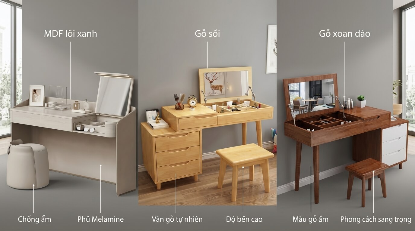 So sánh các mẫu bàn trang điểm bằng gỗ MDF lõi xanh, gỗ sồi và gỗ xoan đào phù hợp với khí hậu Việt Nam