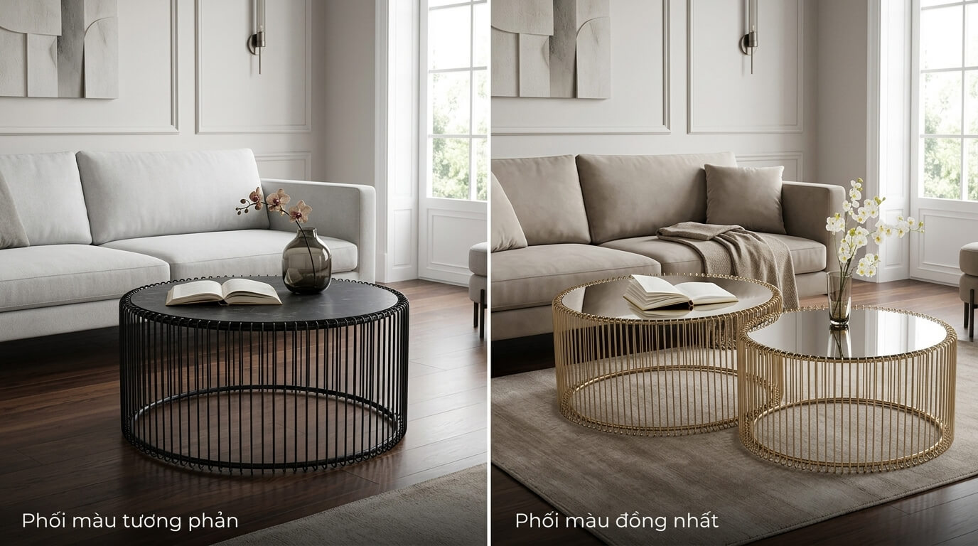 Gợi ý phối màu bàn trà chân sắt với sofa theo hai xu hướng phổ biến: tạo điểm nhấn bằng màu tương phản hoặc mang đến sự hài hòa với bảng màu đồng nhất cho không gian sống