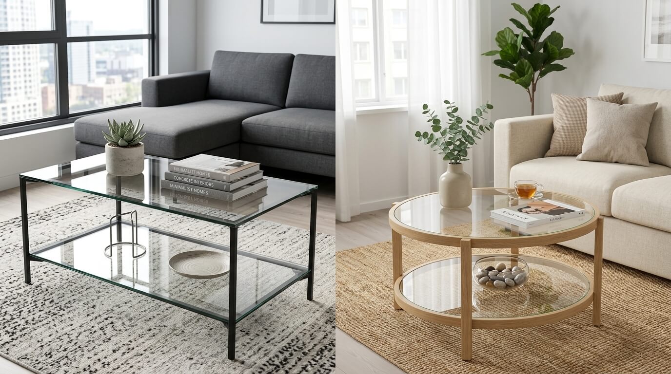 Hai mẫu bàn trà 2 tầng kính cường lực giúp không gian phòng khách nhỏ trở nên rộng thoáng