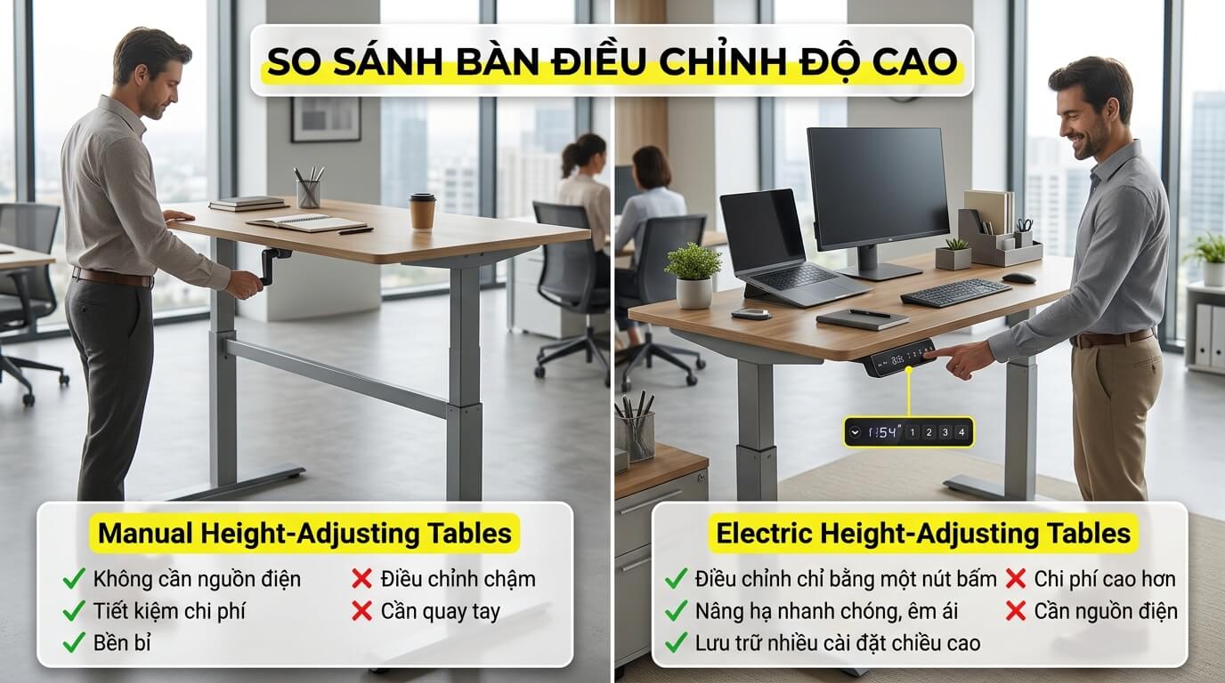 So sánh bàn điều chỉnh độ cao bằng điện và bàn nâng hạ bằng tay trong không gian làm việc hiện đại