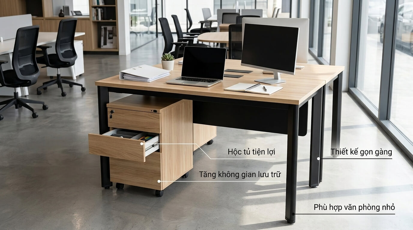 Bàn làm việc chân sắt tích hợp hộc tủ lưu trữ với thiết kế hiện đại và tiện dụng