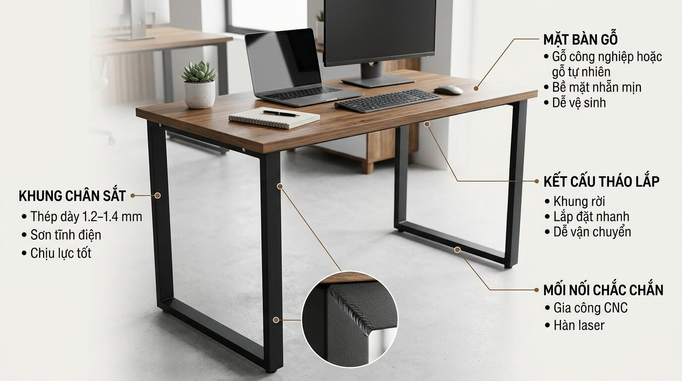 Bàn làm việc chân sắt hiện đại với khung thép sơn tĩnh điện và mặt gỗ trong không gian văn phòng chuyên nghiệp