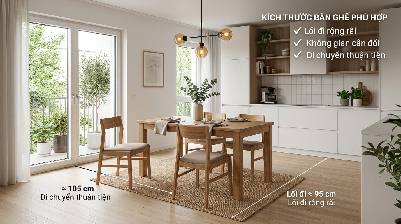 Infographic hướng dẫn chọn kích thước bàn ghế phù hợp với diện tích phòng và số lượng thành viên trong gia đình