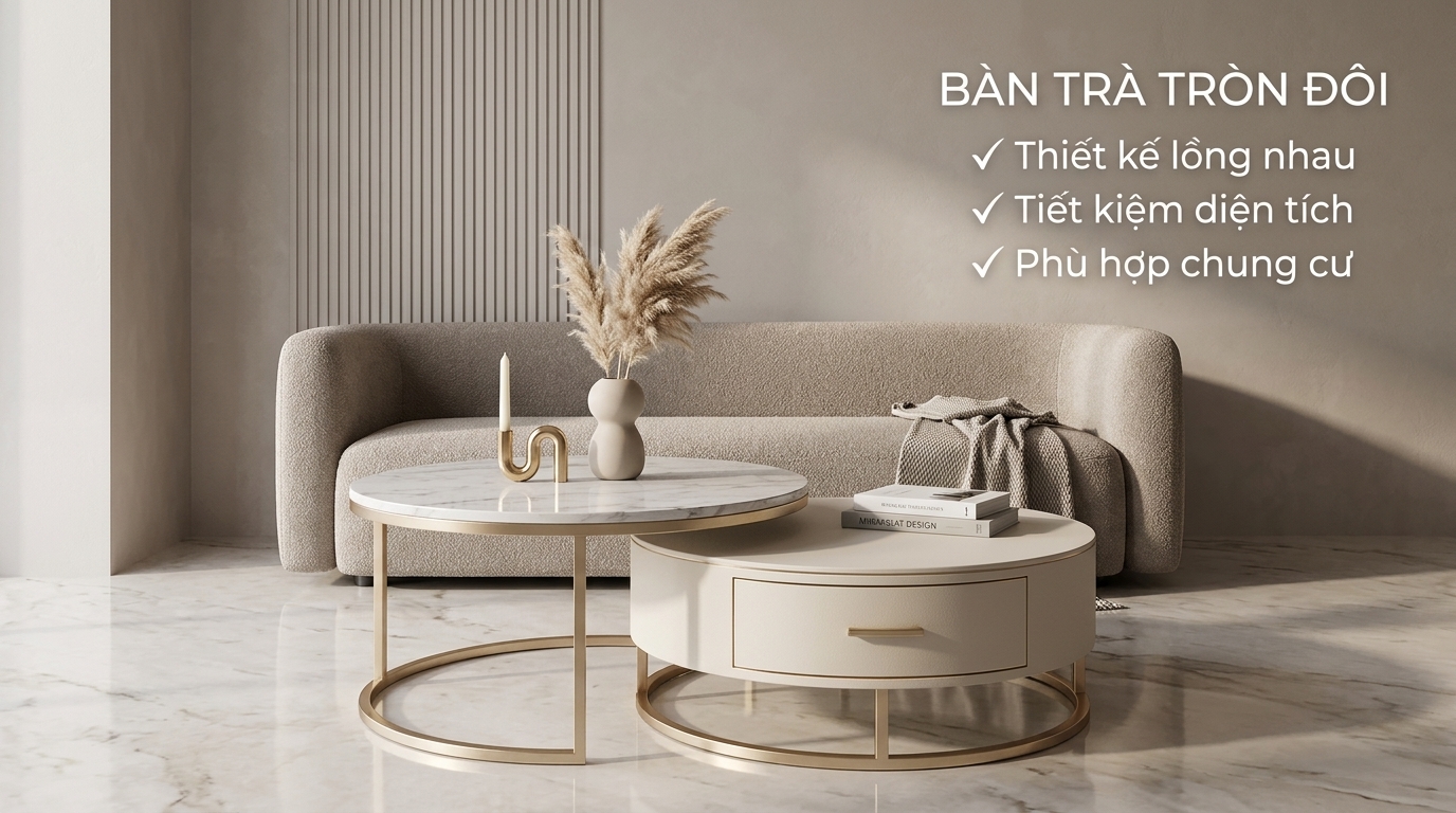 Bàn trà mặt đá tròn đôi giúp tối ưu diện tích và mang đến sự linh hoạt cho các căn hộ chung cư hiện đại