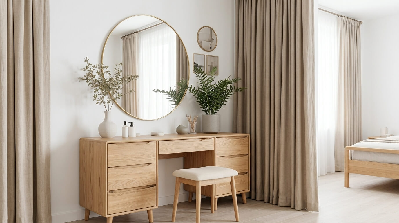 Mẫu bàn trang điểm gỗ sồi Scandinavian nổi bật với gam màu gỗ sáng, đường nét thanh mảnh và thiết kế tối giản, mang đến không gian phòng ngủ nhẹ nhàng, tinh tế và tràn ngập ánh sáng tự nhiên