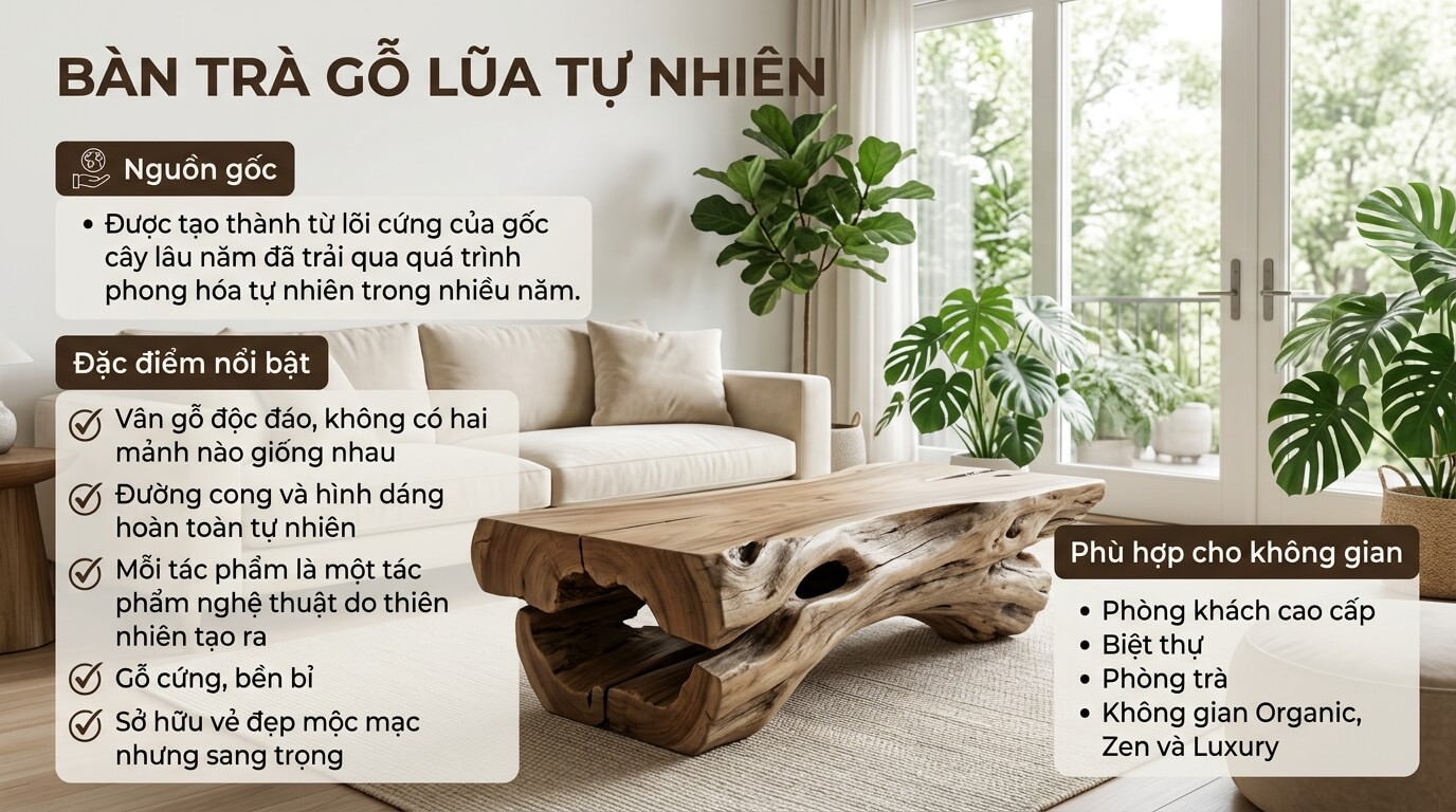 Bàn trà gỗ lũa là tác phẩm nghệ thuật từ thiên nhiên, nổi bật với vân gỗ độc bản và hình khối không trùng lặp