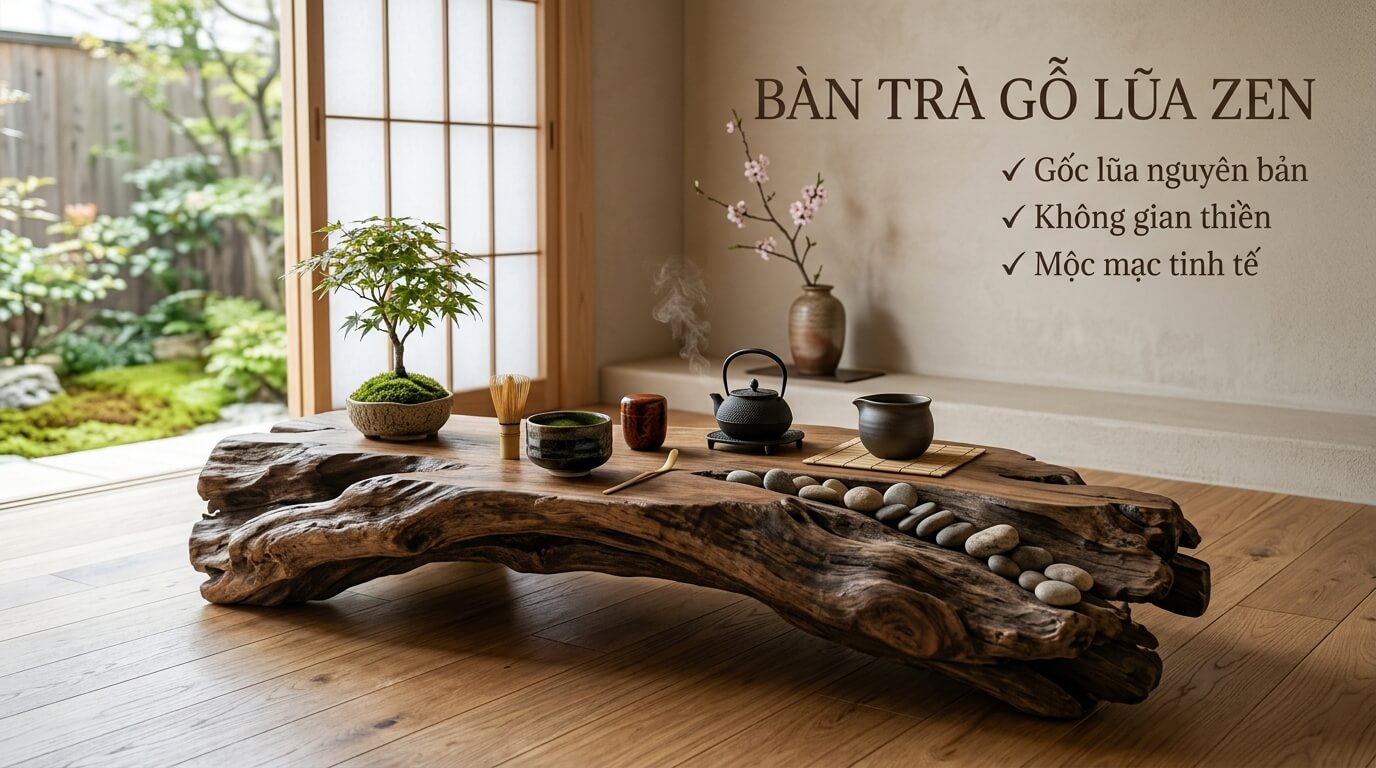 Bàn trà gỗ lũa phong cách Zen mang vẻ đẹp mộc mạc, tạo không gian thư giãn và gần gũi thiên nhiên