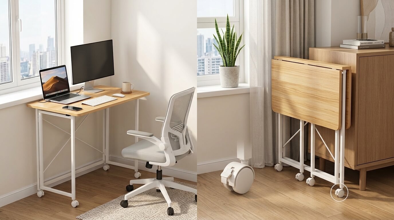 Bàn làm việc di động có bánh xe và khả năng gập đứng giúp dễ dàng di chuyển, cất giữ 