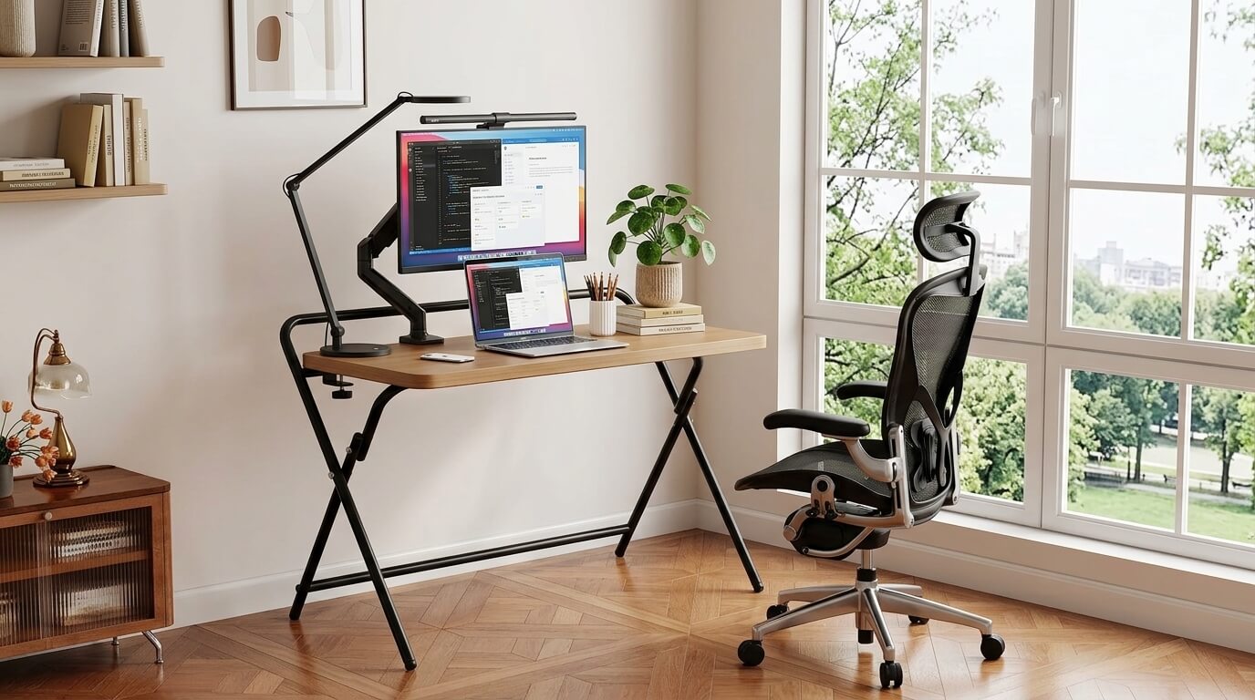 Bàn làm việc gấp gọn chân sắt chữ X với mặt gỗ hiện đại trong không gian làm việc tối giản 