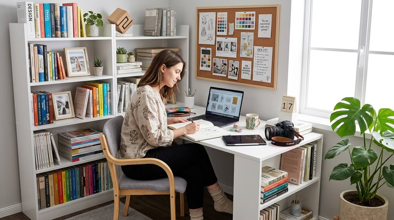 Bàn làm việc thông minh cho freelancer với thiết kế linh hoạt trong không gian sáng tạo tại nhà.