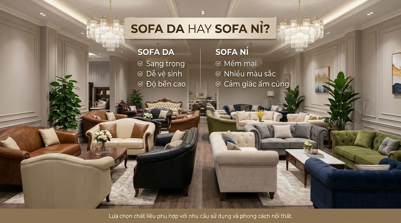 Nhiều mẫu sofa da và sofa nỉ cao cấp trưng bày trong showroom nội thất hiện đại, thể hiện sự khác biệt về chất liệu và phong cách