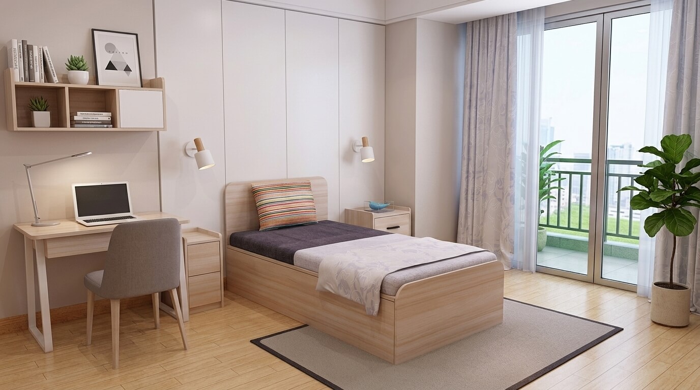 Giường ngủ đơn bằng gỗ công nghiệp trong phòng ngủ hiện đại phong cách tối giản