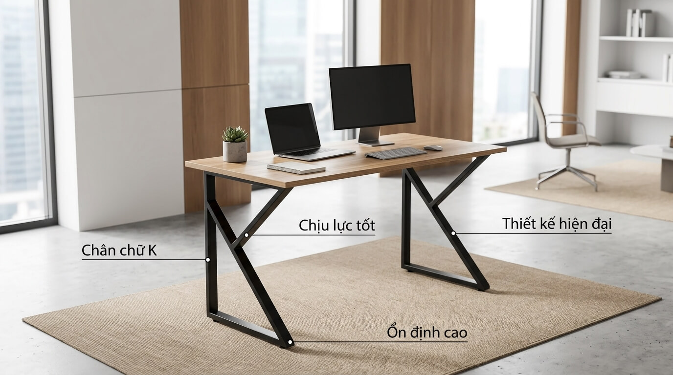 Bàn làm việc chân sắt chữ K hiện đại với mặt gỗ vân tự nhiên trong không gian văn phòng tối giản
