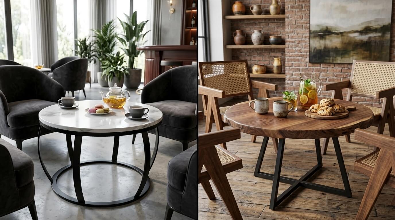 Bàn trà chanh mặt đá và gỗ tự nhiên mang đến vẻ đẹp sang trọng, phù hợp quán có phong cách đầu tư chuyên nghiệp