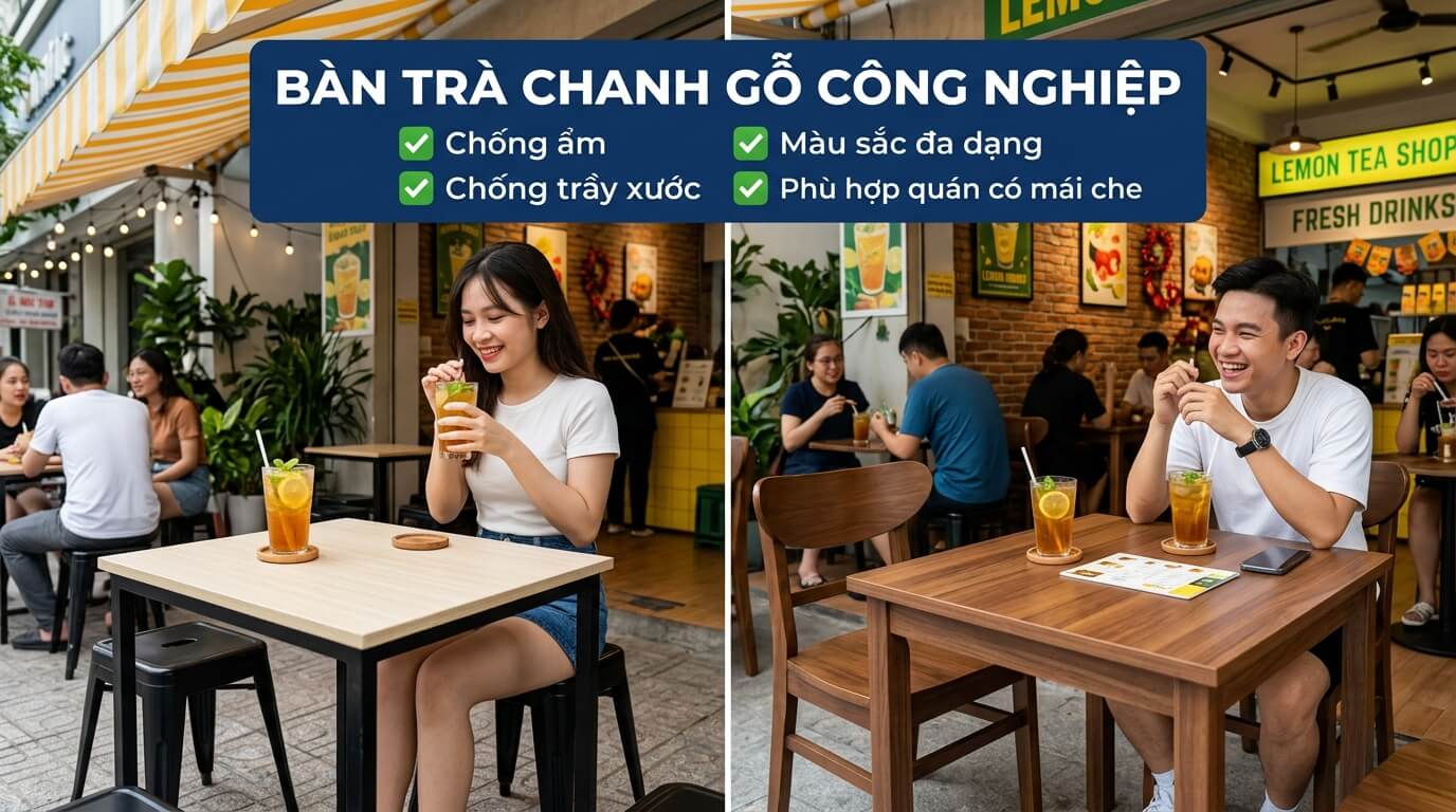 Bàn trà chanh gỗ công nghiệp mang phong cách trẻ trung, phù hợp không gian trong nhà hoặc có mái che