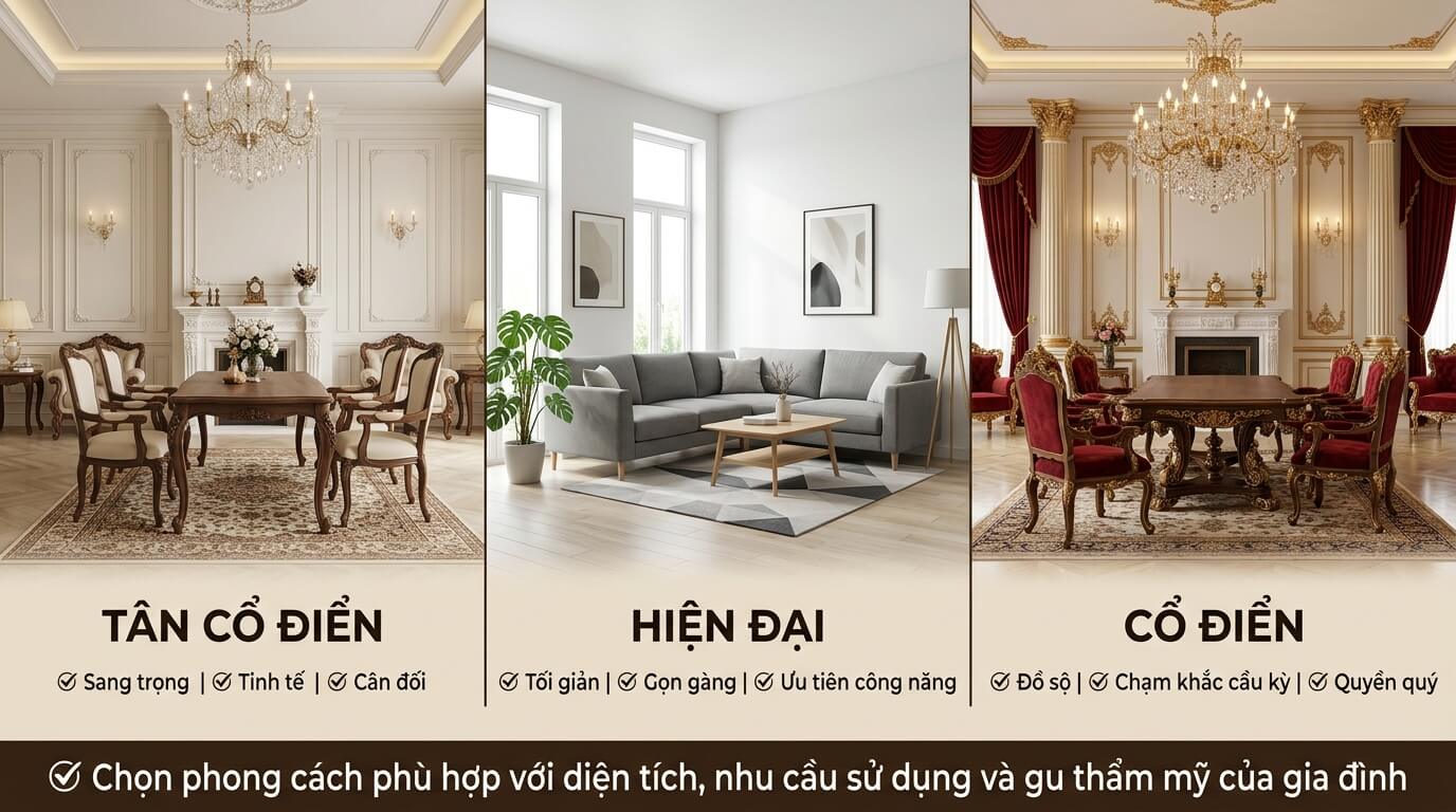 Infographic so sánh các phong cách nội thất với bộ bàn ghế hoàng gia tân cổ điển, hiện đại tối giản và cổ điển thuần túy