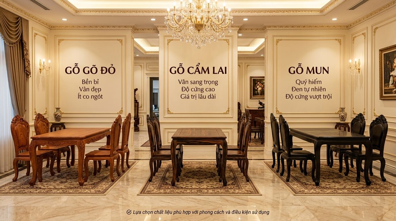 So sánh các loại gỗ tự nhiên cao cấp gồm gỗ gõ đỏ, gỗ cẩm lai và gỗ mun dùng trong bàn ghế tân cổ điển