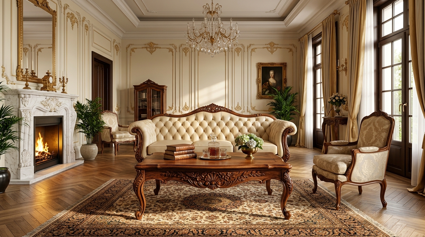 Phòng khách tân cổ điển sang trọng với bộ sofa khung gỗ tự nhiên chạm khắc tinh xảo, bàn trà gỗ, lò sưởi đá và đèn chùm pha lê đẳng cấp.