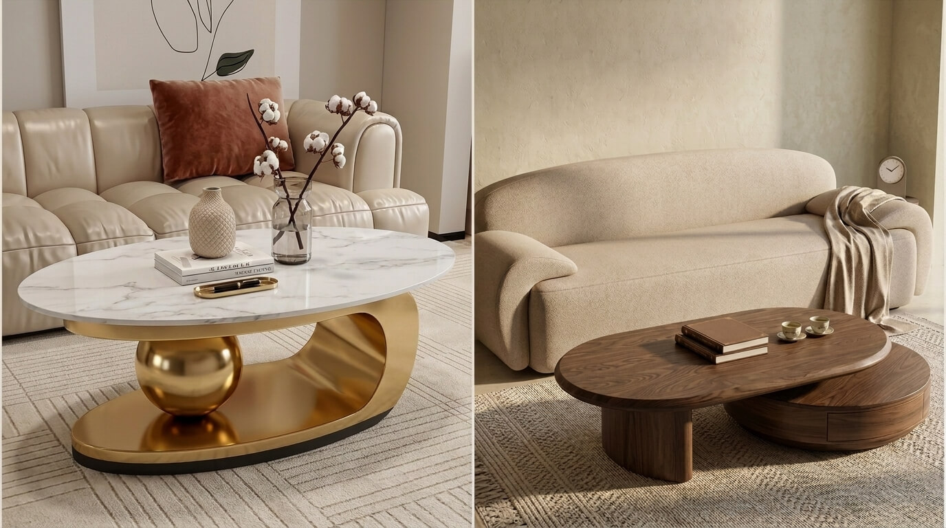 Phối hợp bàn trà với sofa và thảm trải sàn theo hai phong cách: bàn trà mặt đá kết hợp sofa da hiện đại và bàn trà gỗ tự nhiên kết hợp sofa nỉ ấm cúng