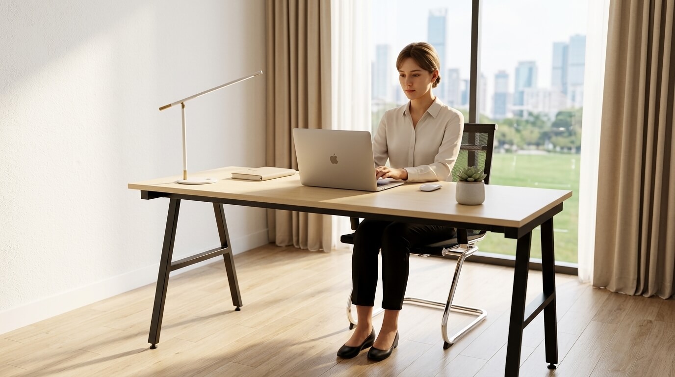 Bàn làm việc gỗ phong cách tối giản trong văn phòng tại nhà hiện đại với thiết kế gọn gàng, tinh tế.