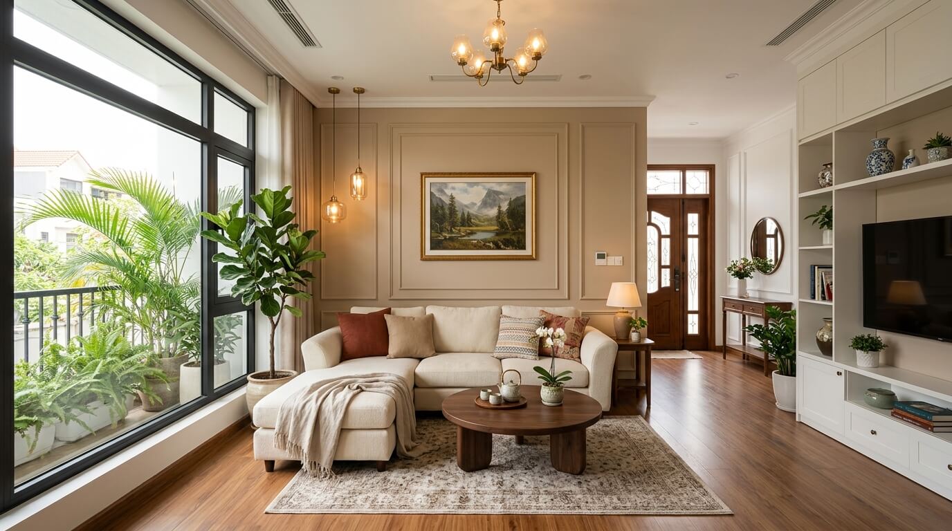 Phòng khách nhà phố bài trí bàn ghế đúng phong thủy với sofa tựa tường, bàn trà bo góc và không gian thông thoáng