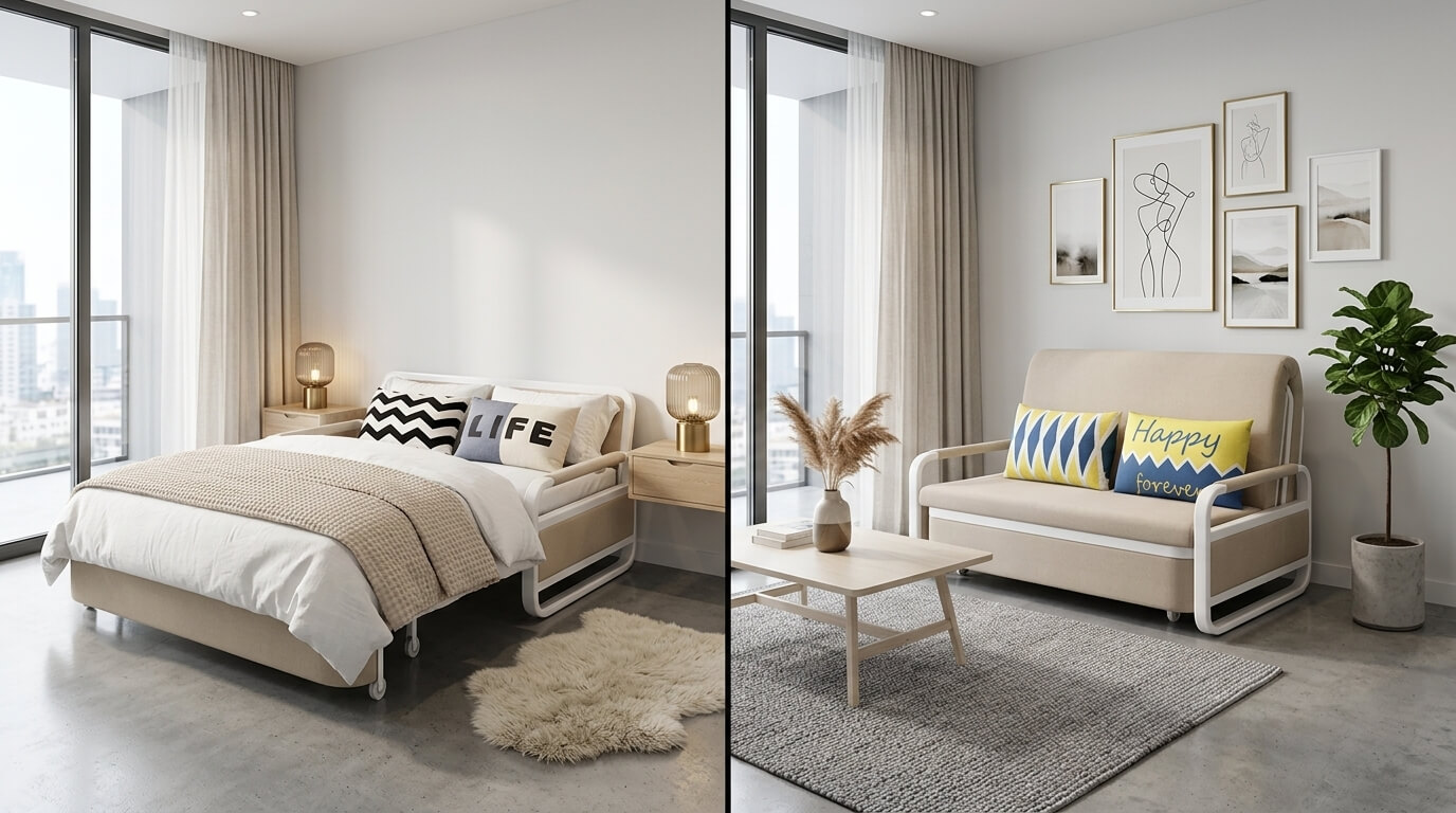 Giường gấp kết hợp sofa đa năng trong căn hộ studio hiện đại