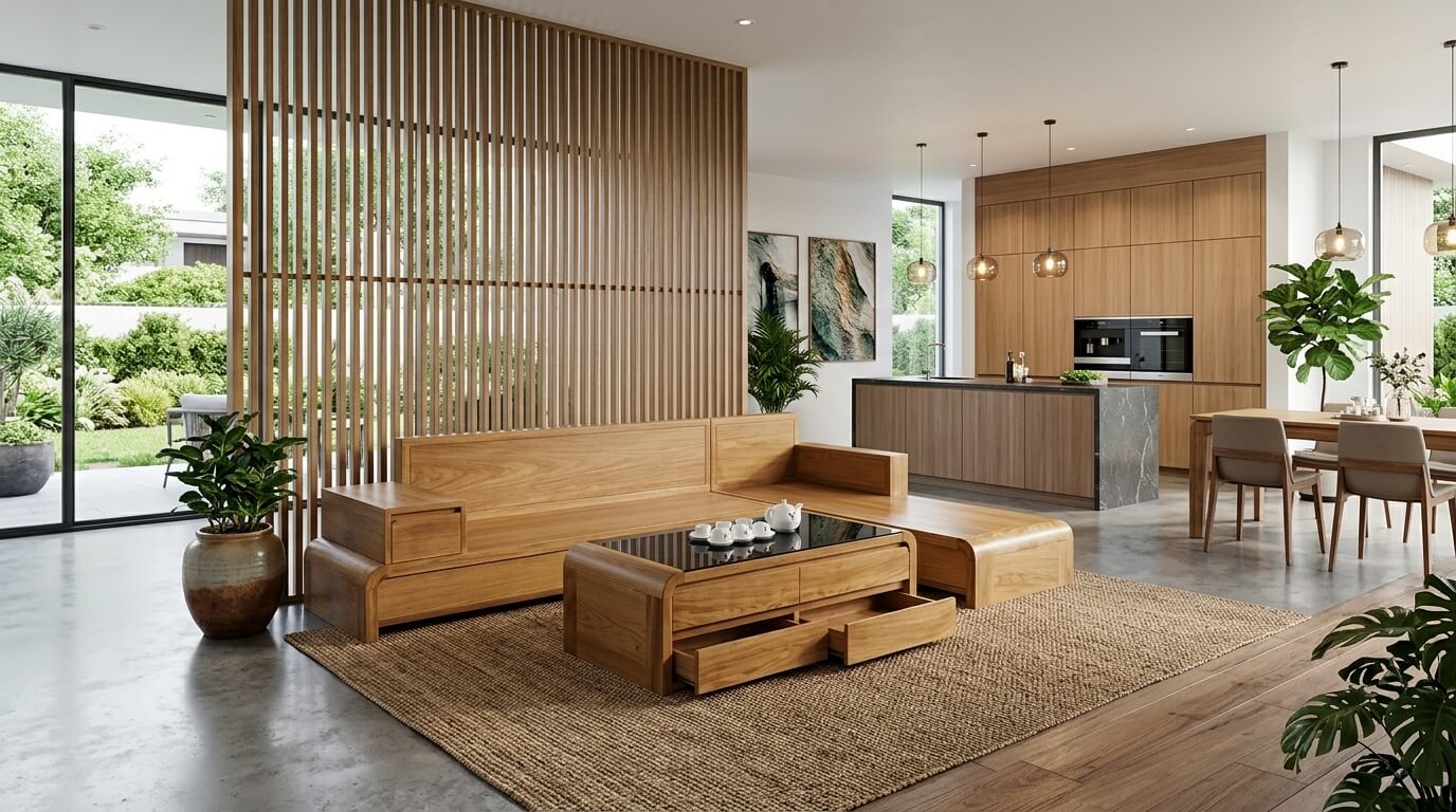 Phòng khách biệt thự không gian mở sử dụng sofa gỗ nguyên khối chữ L làm điểm nhấn và phân chia khu vực tiếp khách với phòng bếp