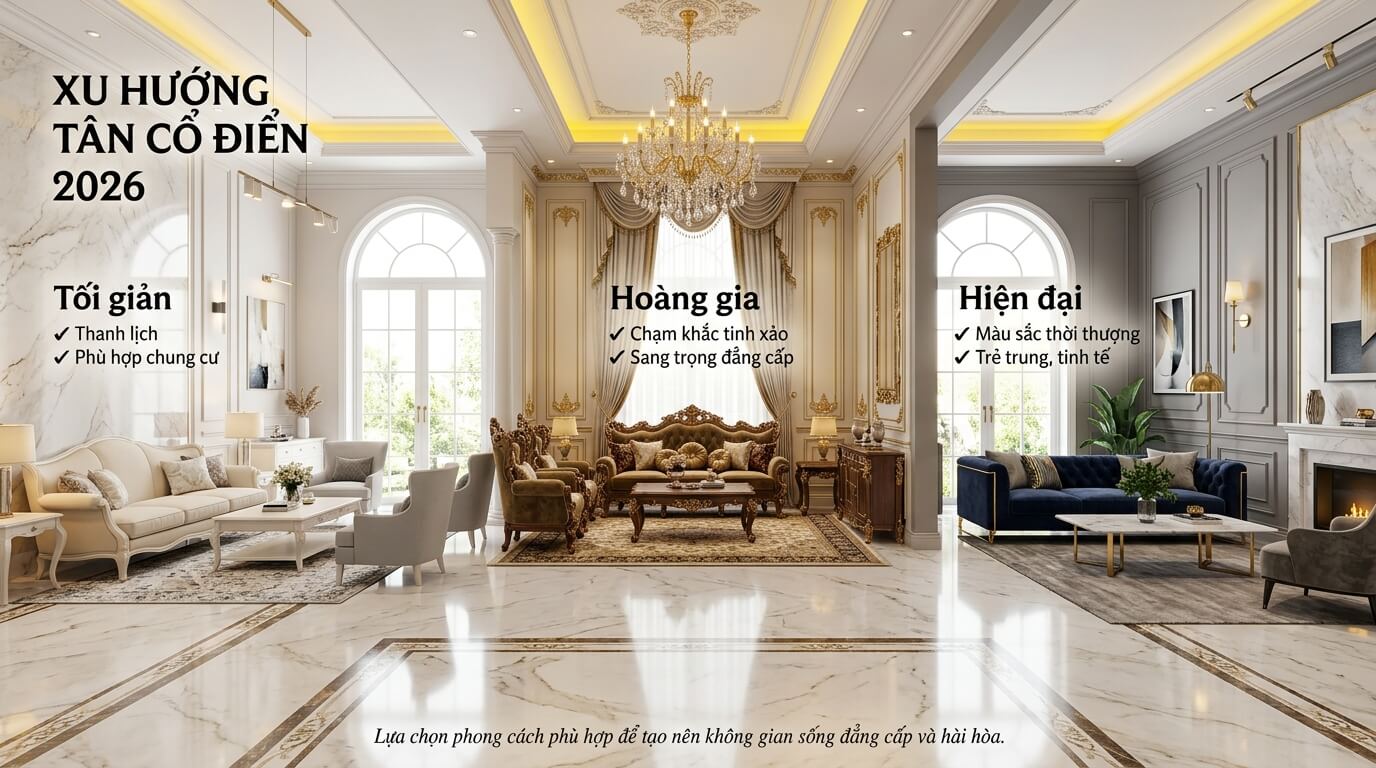 Ba xu hướng nội thất tân cổ điển 2026 mang đến nhiều lựa chọn phù hợp từ căn hộ chung cư đến biệt thự cao cấp