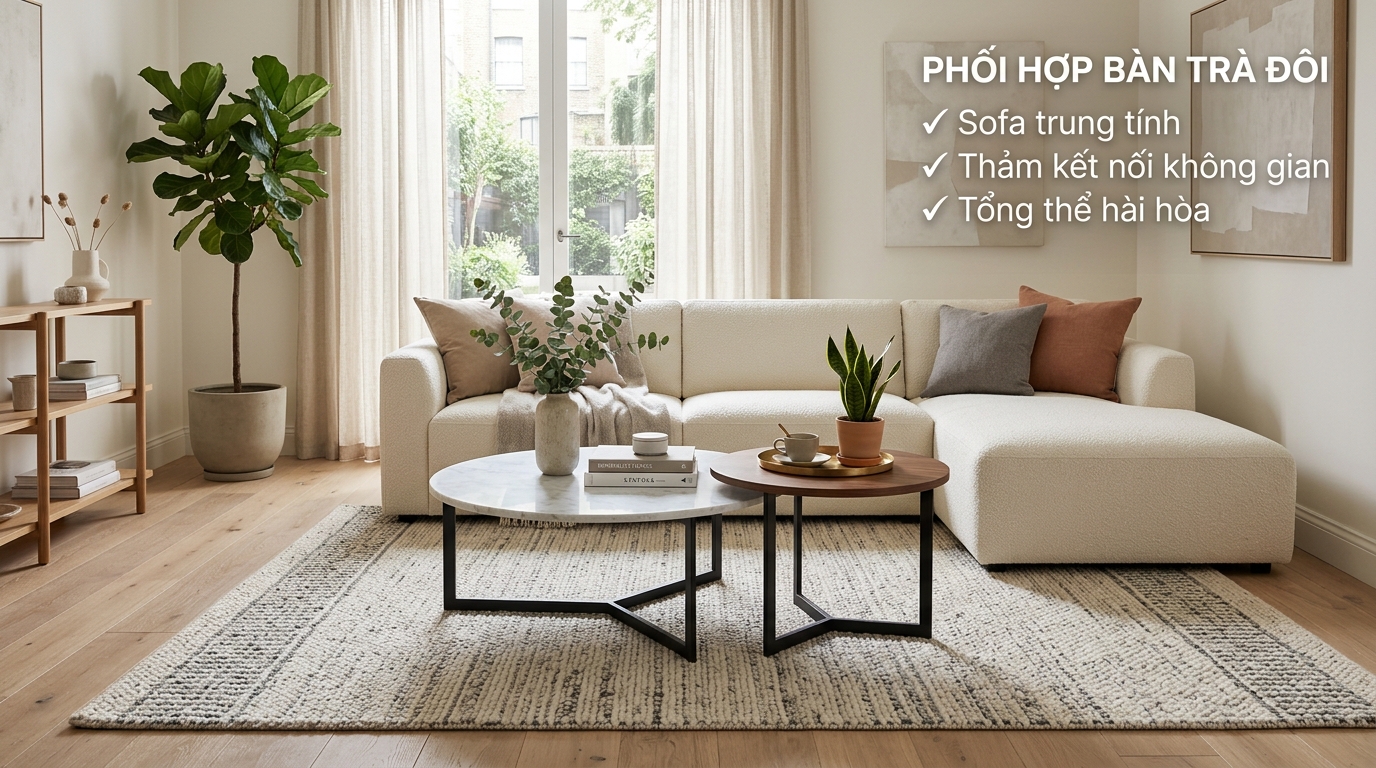 Gợi ý cách kết hợp bàn trà đôi với sofa và thảm trải sàn để tạo điểm nhấn thẩm mỹ và sự cân đối cho phòng khách