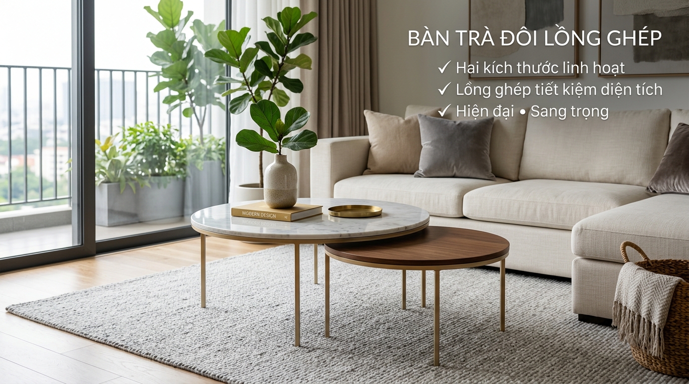 Mẫu bàn trà đôi thông minh gồm hai bàn lồng ghép linh hoạt, giúp tối ưu diện tích và tạo điểm nhấn hiện đại cho phòng khách