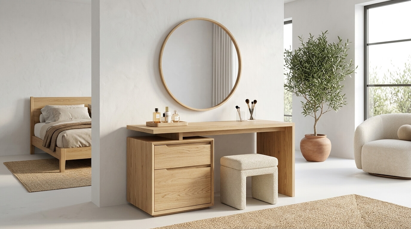 Mẫu bàn trang điểm gỗ sồi tối giản hiện đại ưu tiên công năng với thiết kế gọn gàng, ngăn kéo thông minh và vẻ đẹp tự nhiên của vân gỗ, phù hợp với không gian sống hiện đại và ngăn nắp