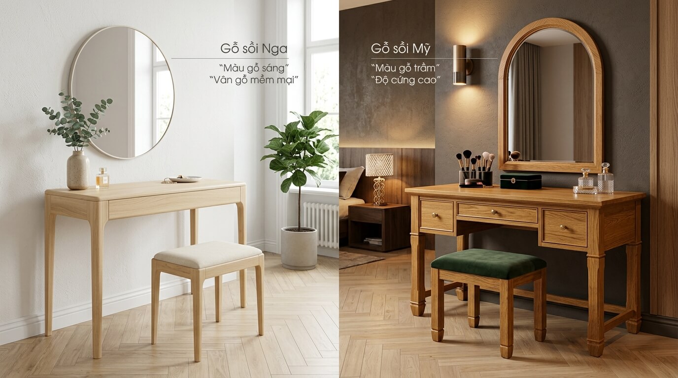 So sánh bàn trang điểm gỗ sồi Nga và bàn trang điểm gỗ sồi Mỹ với sự khác biệt về màu sắc và vân gỗ